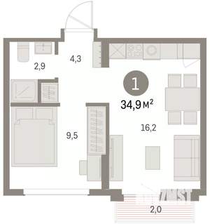 1-к квартира, вторичка, 35м2, 7/9 этаж