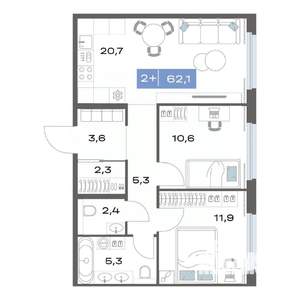 2-к квартира, строящийся дом, 62м2, 2/17 этаж
