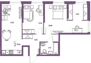 3-к квартира, строящийся дом, 72м2, 9/24 этаж