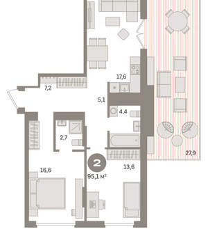 2-к квартира, вторичка, 95м2, 9/9 этаж