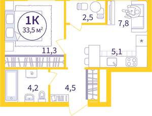 1-к квартира, вторичка, 34м2, 7/8 этаж