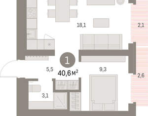 1-к квартира, вторичка, 41м2, 4/9 этаж