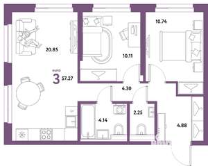 3-к квартира, вторичка, 57м2, 8/21 этаж