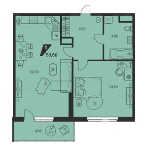 1-к квартира, вторичка, 51м2, 22/25 этаж