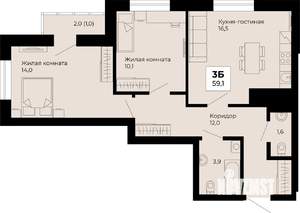 2-к квартира, строящийся дом, 59м2, 16/25 этаж