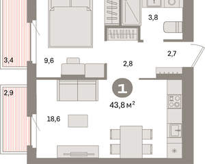 1-к квартира, вторичка, 44м2, 7/9 этаж
