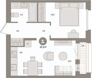 1-к квартира, вторичка, 42м2, 2/9 этаж