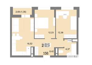 2-к квартира, строящийся дом, 55м2, 16/22 этаж