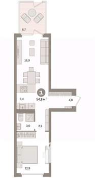 1-к квартира, вторичка, 55м2, 2/9 этаж