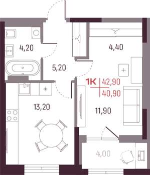 1-к квартира, вторичка, 41м2, 5/25 этаж