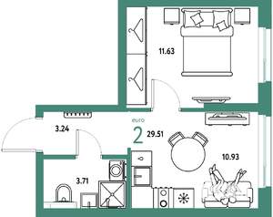 2-к квартира, строящийся дом, 30м2, 18/25 этаж
