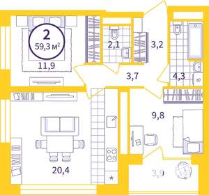 2-к квартира, вторичка, 57м2, 12/24 этаж