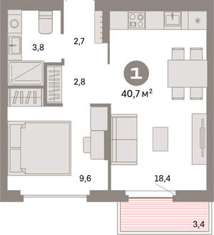 1-к квартира, вторичка, 41м2, 4/9 этаж