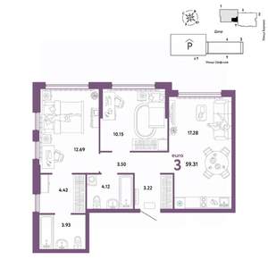 3-к квартира, вторичка, 59м2, 22/24 этаж