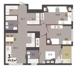 3-к квартира, строящийся дом, 89м2, 27/32 этаж