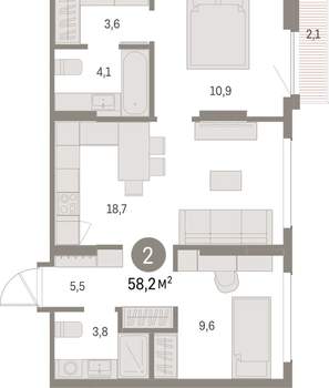 2-к квартира, вторичка, 58м2, 5/9 этаж