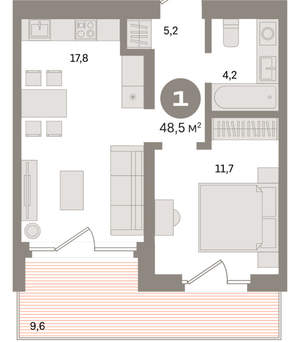 1-к квартира, вторичка, 49м2, 9/24 этаж