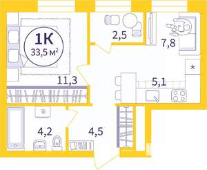 1-к квартира, сданный дом, 34м2, 7/8 этаж