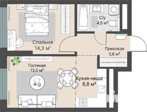 2-к квартира, строящийся дом, 45м2, 6/29 этаж