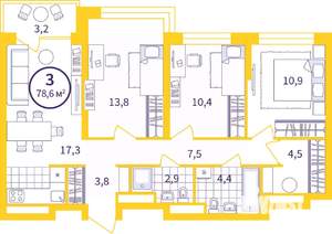 3-к квартира, вторичка, 76м2, 2/24 этаж
