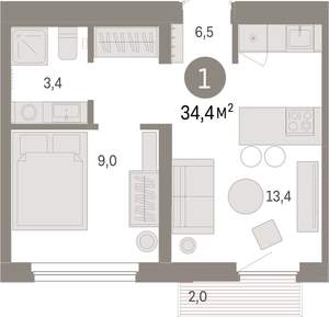 1-к квартира, вторичка, 34м2, 5/9 этаж