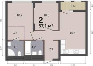 2-к квартира, вторичка, 57м2, 3/19 этаж