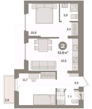 2-к квартира, вторичка, 53м2, 7/9 этаж