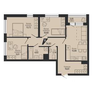 3-к квартира, вторичка, 75м2, 3/31 этаж