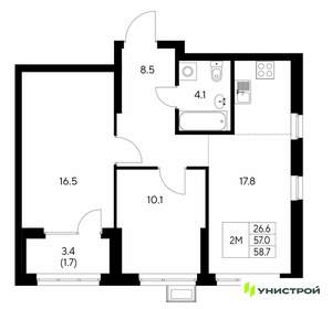 2-к квартира, вторичка, 59м2, 24/30 этаж