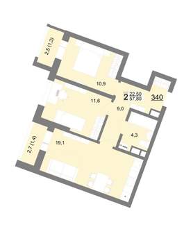 2-к квартира, вторичка, 58м2, 16/18 этаж