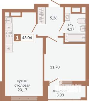 1-к квартира, строящийся дом, 43м2, 12/31 этаж