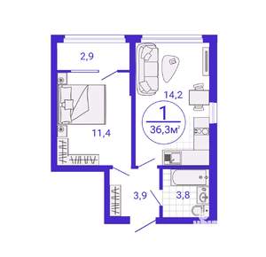 1-к квартира, строящийся дом, 35м2, 17/27 этаж