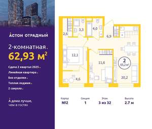 2-к квартира, вторичка, 63м2, 3/9 этаж