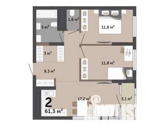 2-к квартира, строящийся дом, 61м2, 32/32 этаж