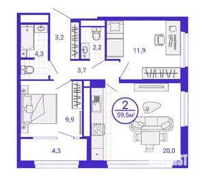 2-к квартира, строящийся дом, 57м2, 11/28 этаж
