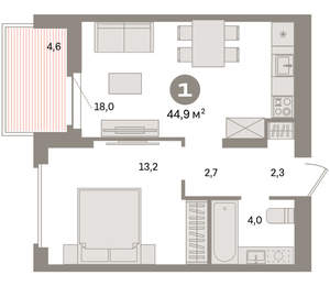 1-к квартира, вторичка, 45м2, 5/16 этаж