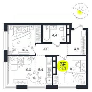 3-к квартира, вторичка, 48м2, 18/27 этаж