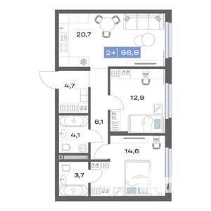 2-к квартира, строящийся дом, 67м2, 2/17 этаж