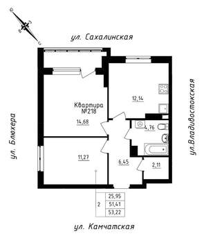 2-к квартира, строящийся дом, 53м2, 19/25 этаж