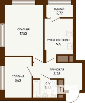 2-к квартира, строящийся дом, 50м2, 20/24 этаж