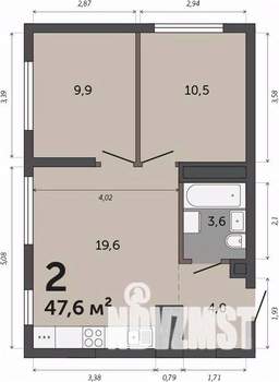 2-к квартира, строящийся дом, 48м2, 14/30 этаж