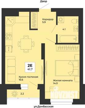 2-к квартира, строящийся дом, 42м2, 8/25 этаж