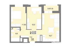 2-к квартира, строящийся дом, 56м2, 24/26 этаж