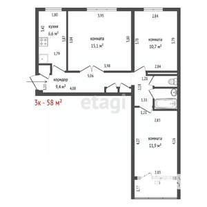 3-к квартира, вторичка, 58м2, 5/9 этаж