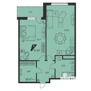 2-к квартира, вторичка, 52м2, 18/25 этаж