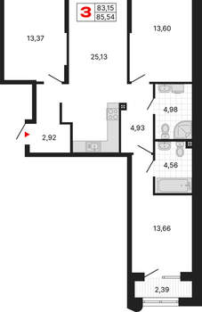 3-к квартира, вторичка, 86м2, 2/25 этаж