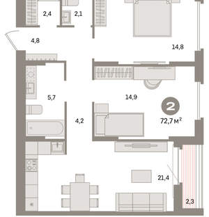 2-к квартира, вторичка, 73м2, 9/16 этаж