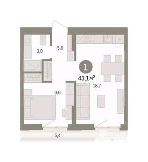 1-к квартира, вторичка, 43м2, 4/7 этаж