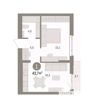 1-к квартира, вторичка, 44м2, 4/7 этаж