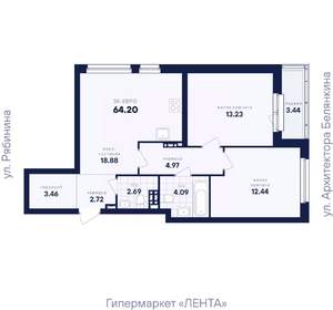 2-к квартира, вторичка, 64м2, 1/26 этаж